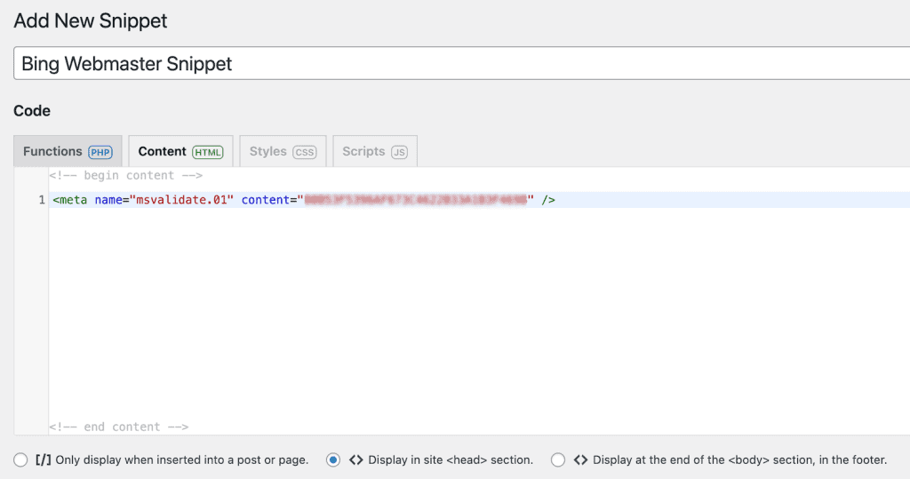Add Code Snippet Bing Webmaster Tools
