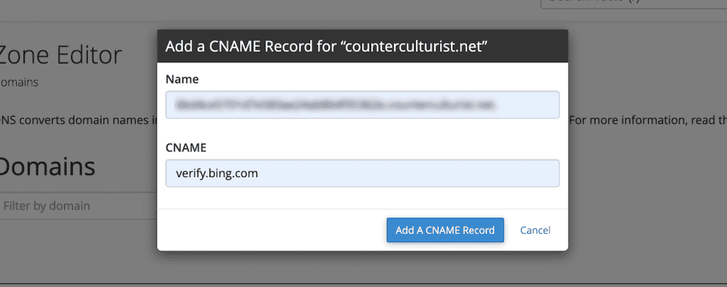 Add New Cname Record Bing Webmaster Tools