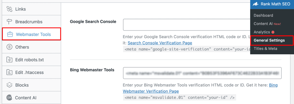Rank Math SEO Verification Bing Webmaster Tools