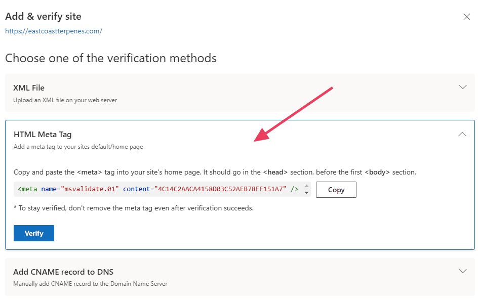 Bing Submission Meta Tag Code