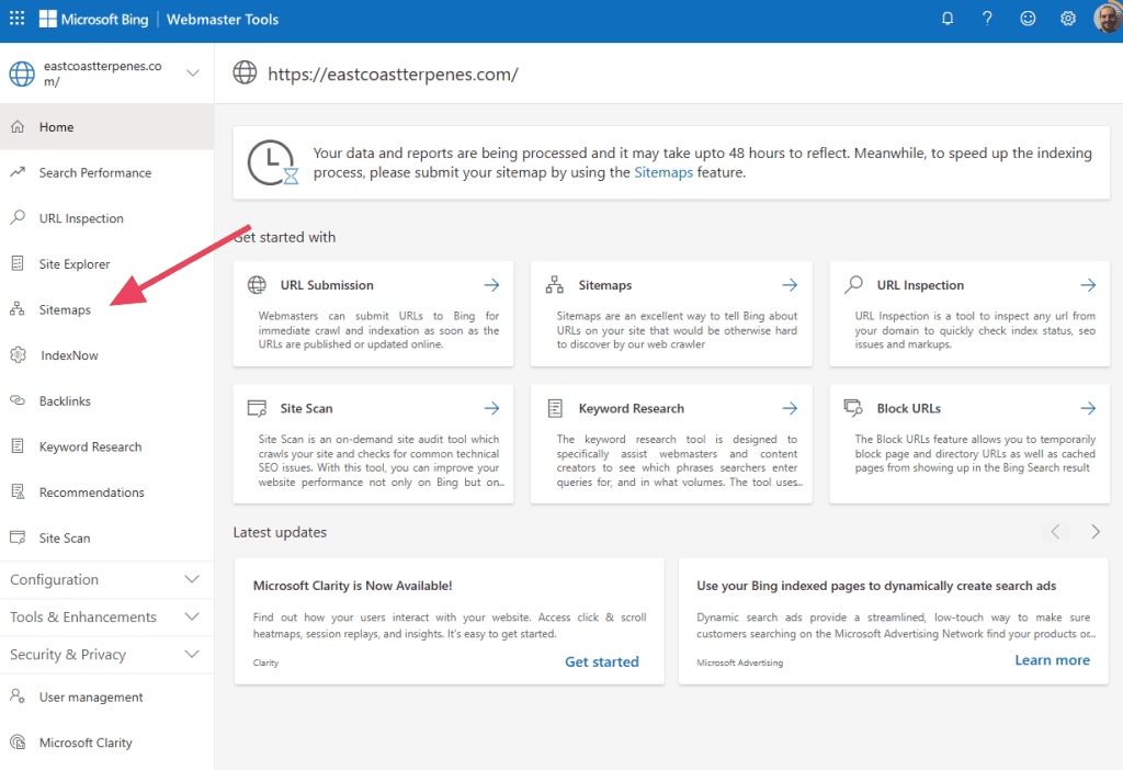 Bing Webmaster Sitemaps Page