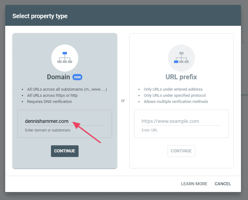 Enter Domain Google Search Console