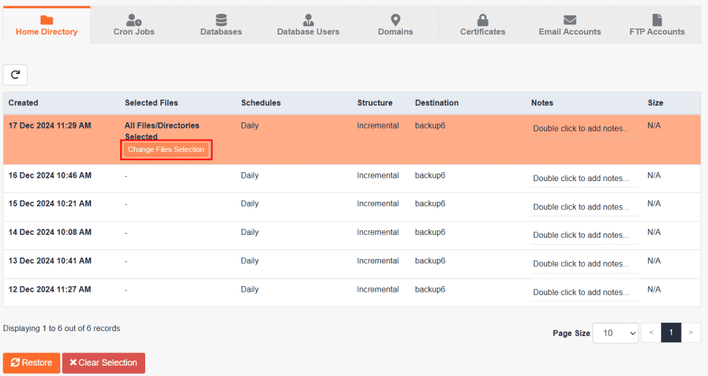 File Selections Jetbackup 5 Restore