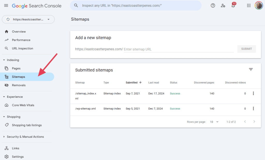 Google Search Console Sitemaps Page