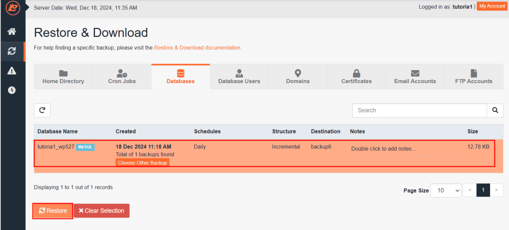 Start Database Restore Jetbackup5