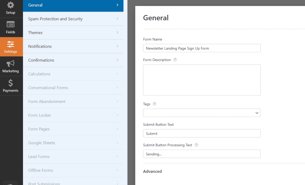 Wpform Settings General