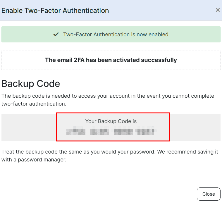 Email 2fa Activated Backup Code Supporthost