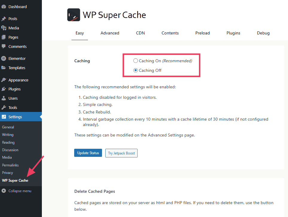 Enable Caching Wp Super Cache