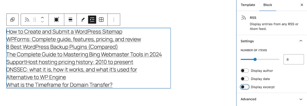 Rss Feed WordPress Block Settings