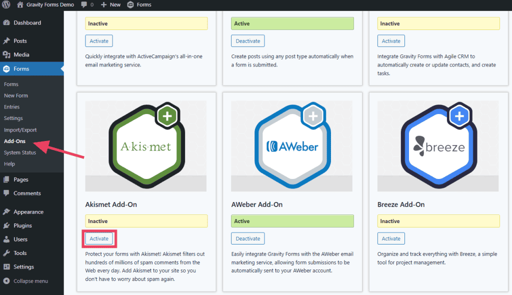 Activate Akismet Add On