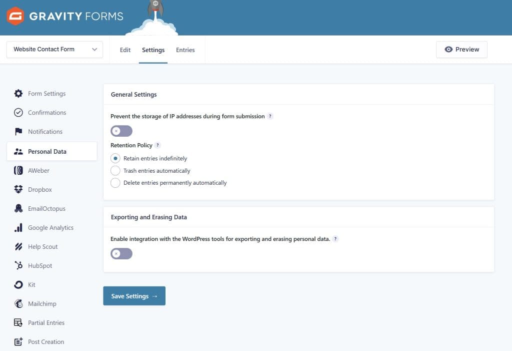 Gravity Forms Personal Data Settings