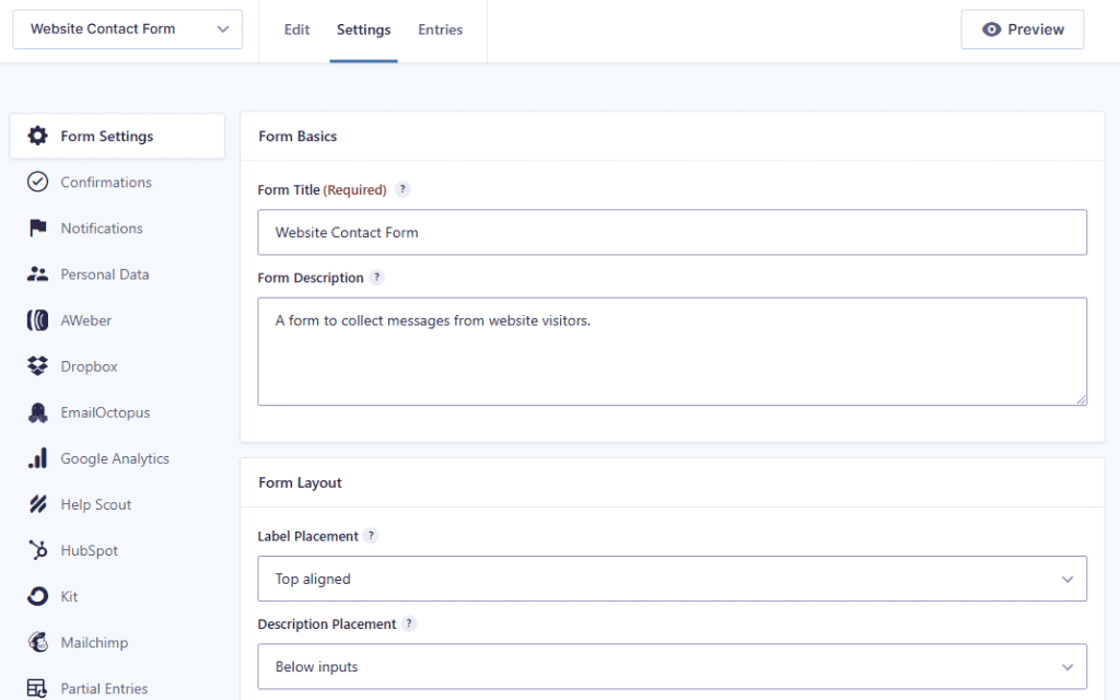 Gravity Forms Settings Page