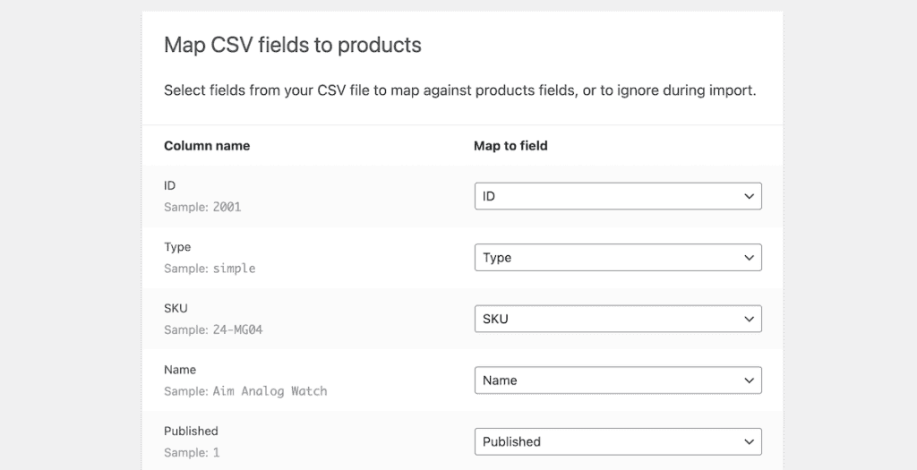 Import Woocommerce Products Map Fields