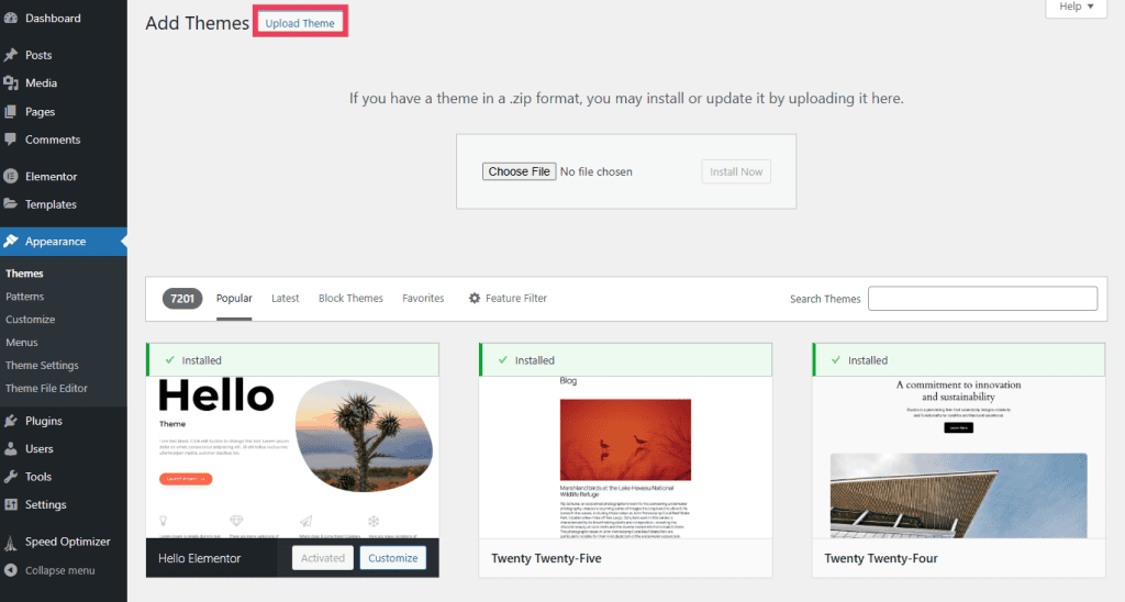 Upload WordPress Theme