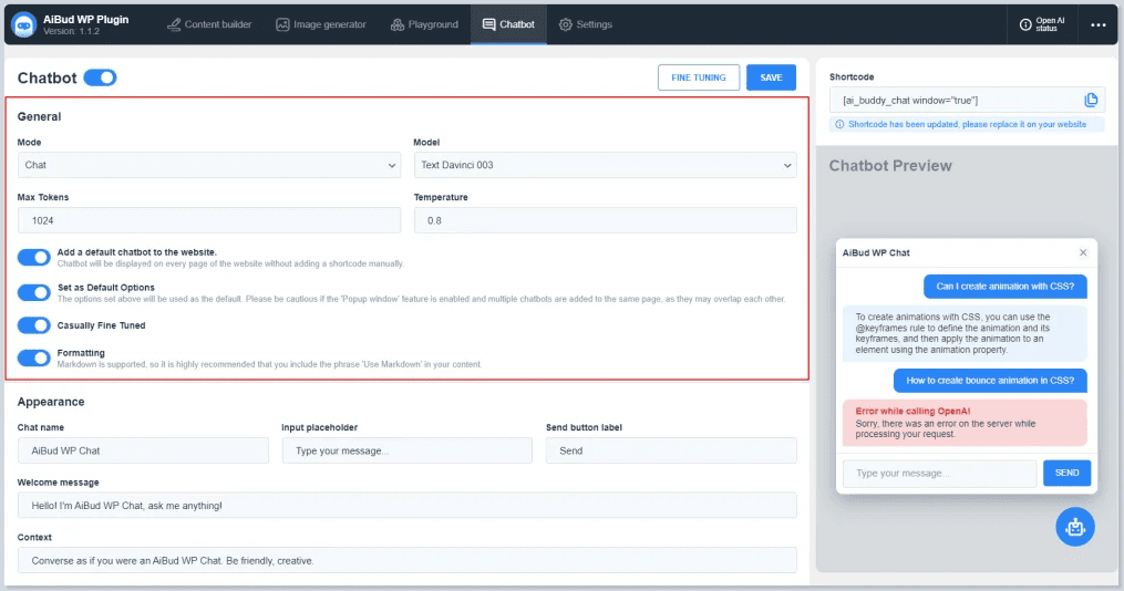 Ai Bud Chatbot Settings