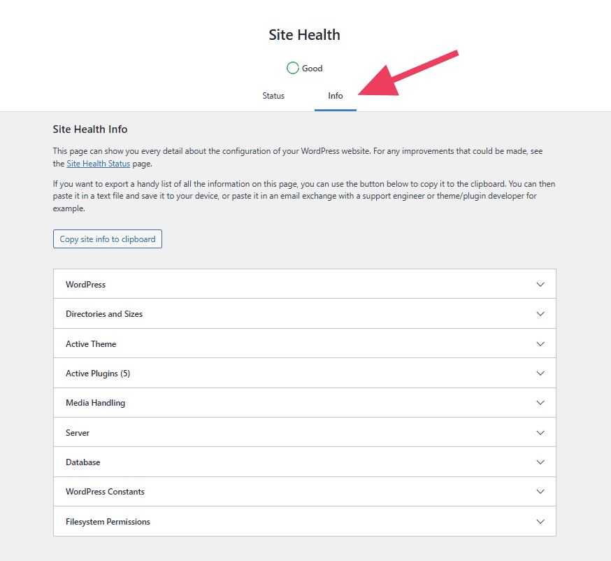 Site Health Info Tab