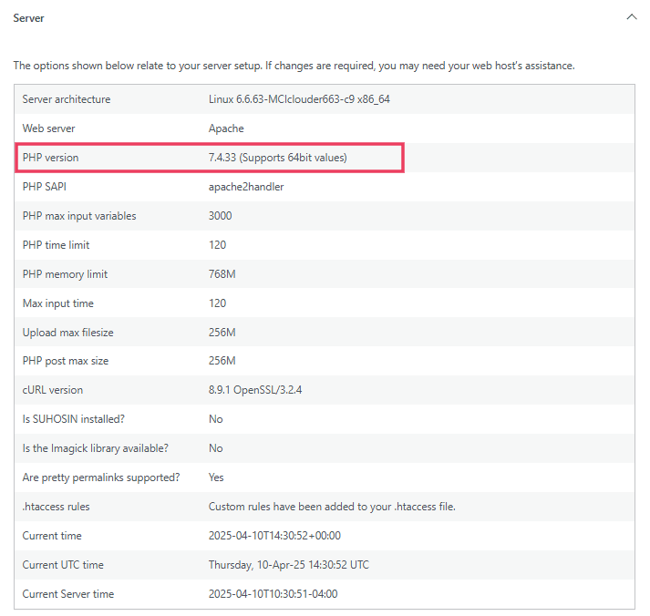 Site Health Php Version