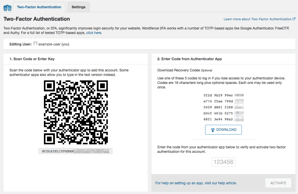 Wordfence Two Factor Authentication