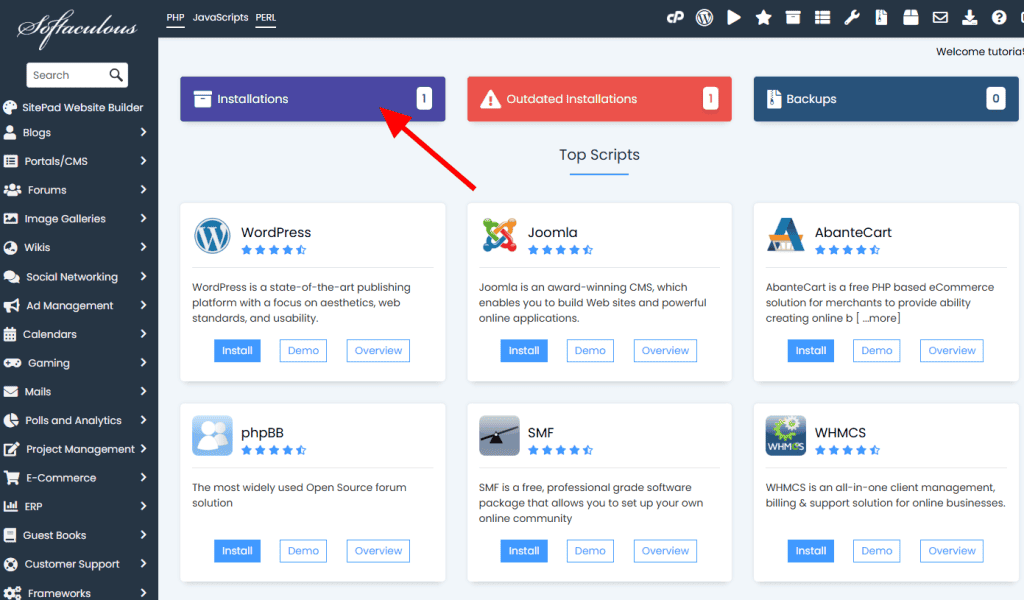 Open WordPress Installations In Softaculous