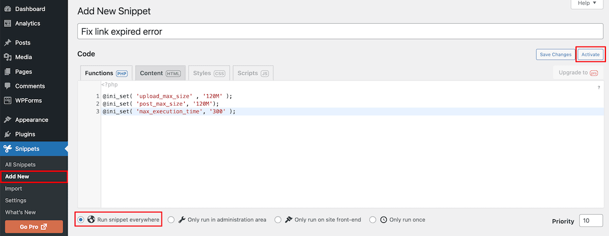 Code Snippets plugin interface showing PHP snippet to increase upload limits