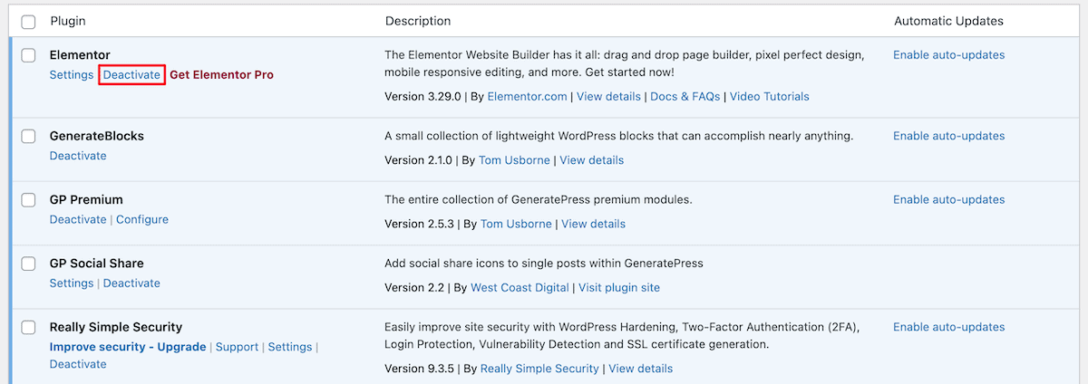 WordPress plugins page showing active plugins list for conflict testing