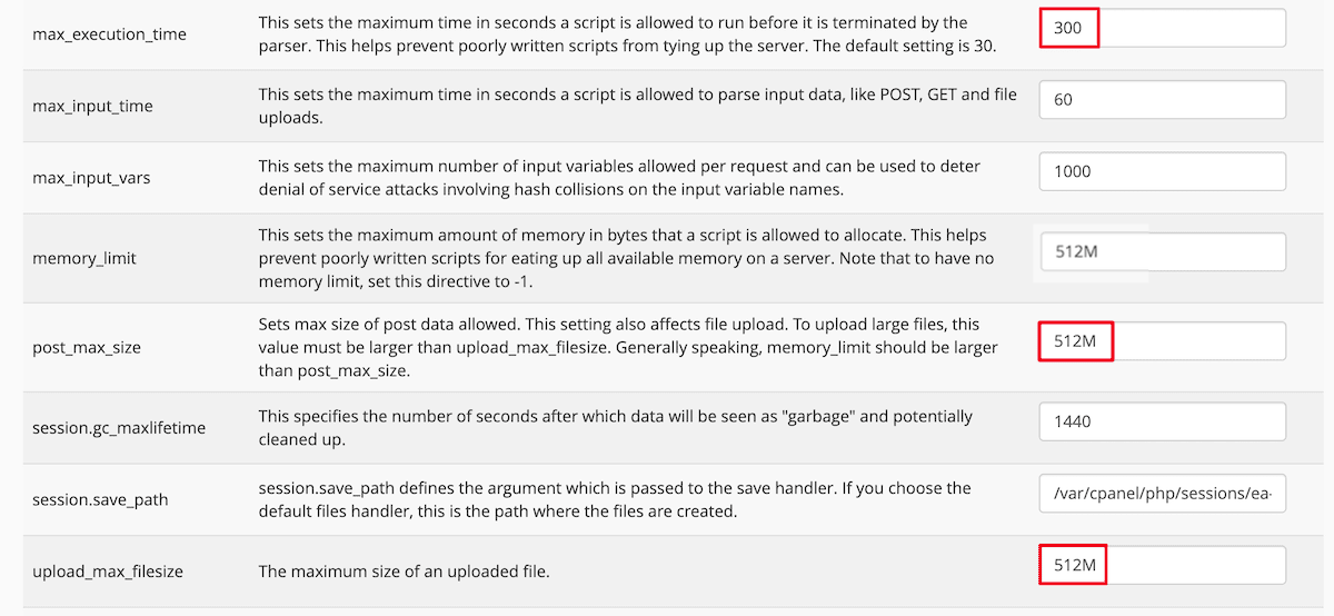 cPanel PHP ini editor showing upload_max_filesize and post_max_size fields