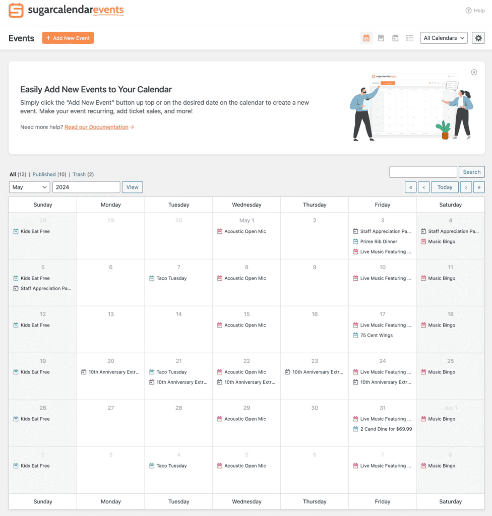 Sugar Calendar Dashboard View