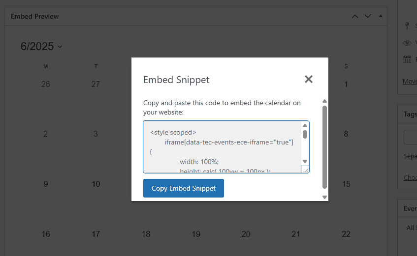 The Events Calendar Embed Code