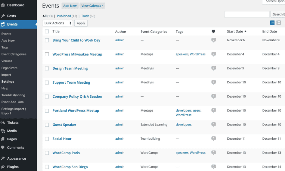 WordPress calendar plugins: The Events Calendar Event List