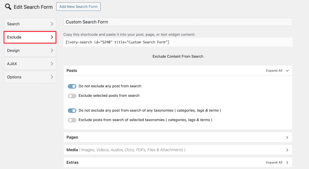 Wordpress Search Ivory Search Exclude Settings