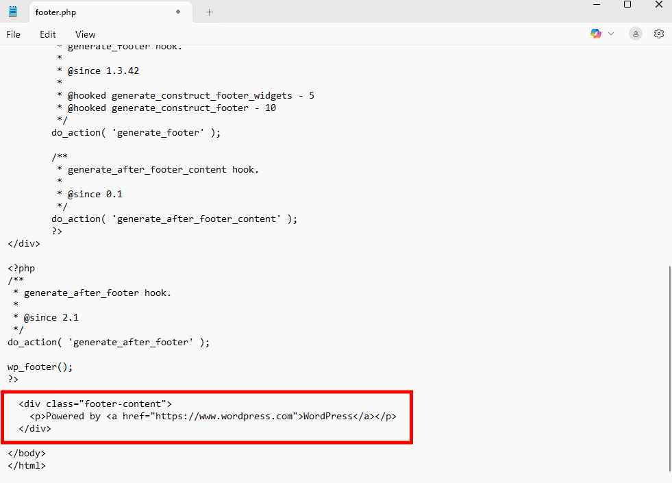 Find Powered By WordPress In Footer File