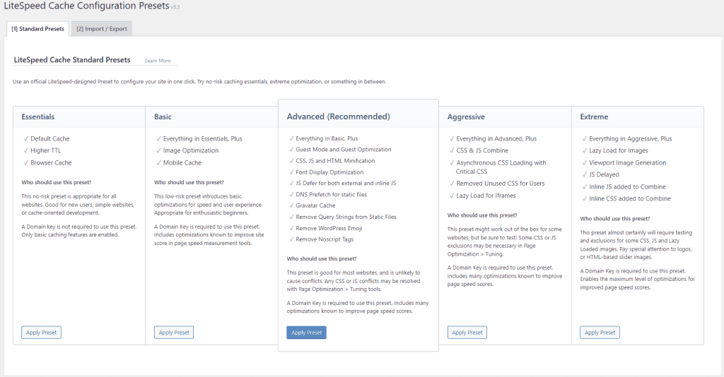 Litespeed Cache Presets