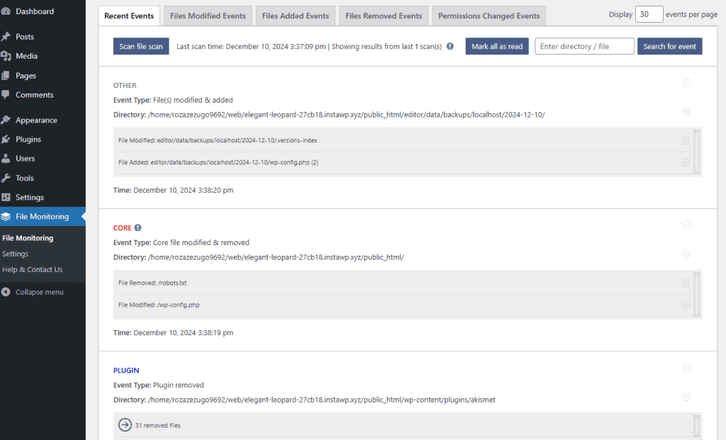 Melapress File Monitor Log