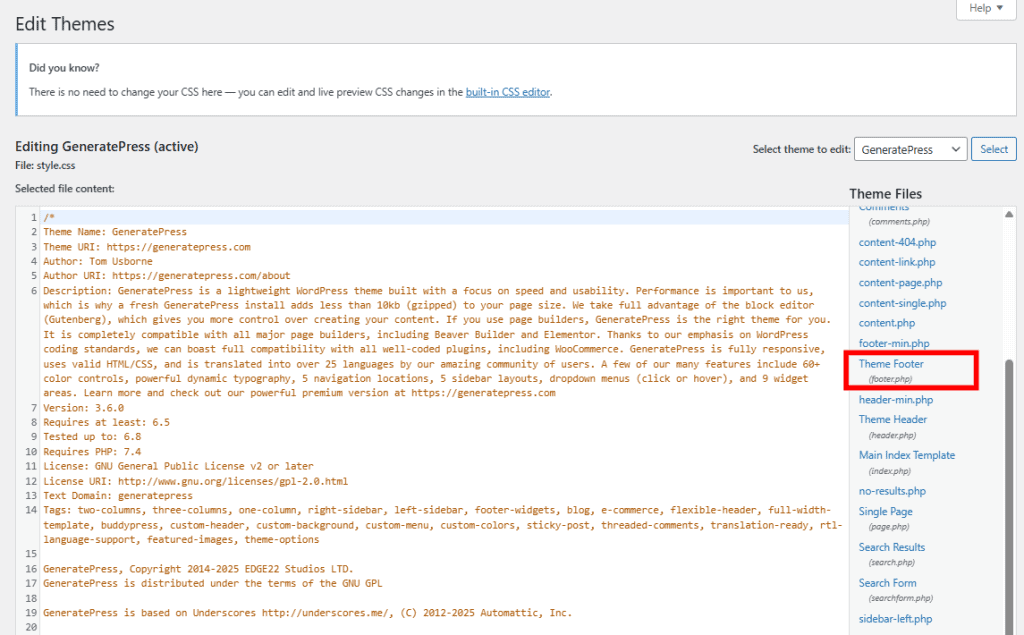 Theme File Editor Footer Template