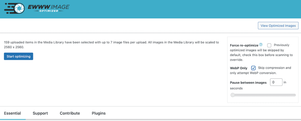 Webp WordPress Ewww Image Start Optimizing