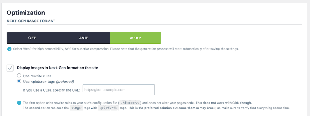 Webp WordPress Imagify Webp Image Settings