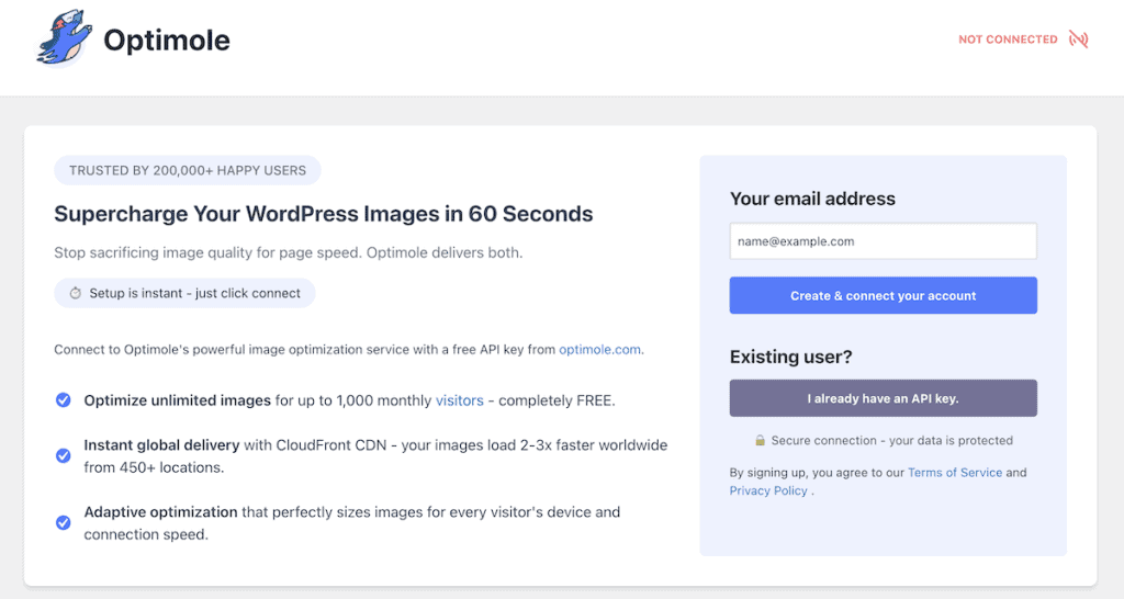 Webp WordPress Optimole Create Account