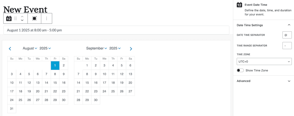 The Events Calendar WordPress Plugin Modify Dates Time Min