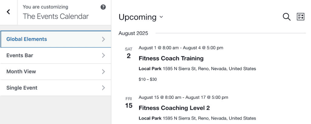 The Events Calendar WordPress Plugin WordPress Customizer Min