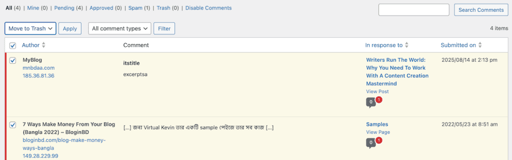 Disable Comments In WordPress Bulk Manage Comments