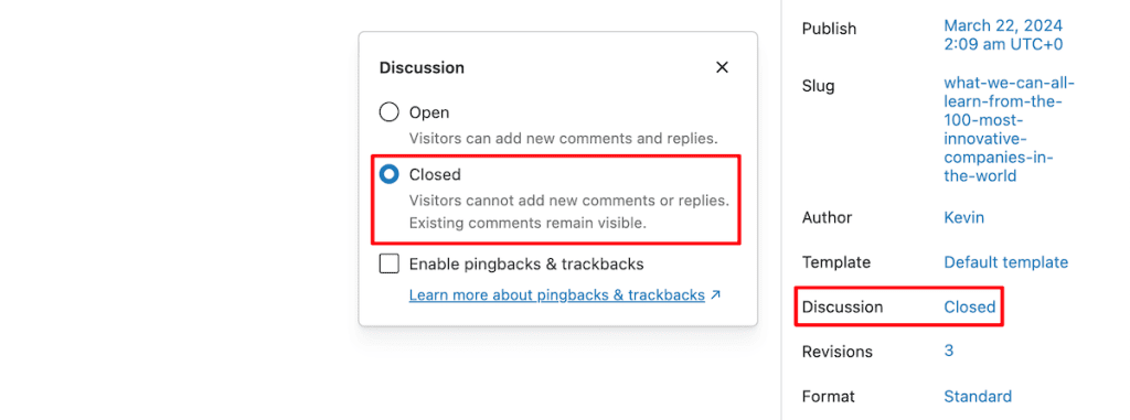 Disable Comments In WordPress Discussion Closed