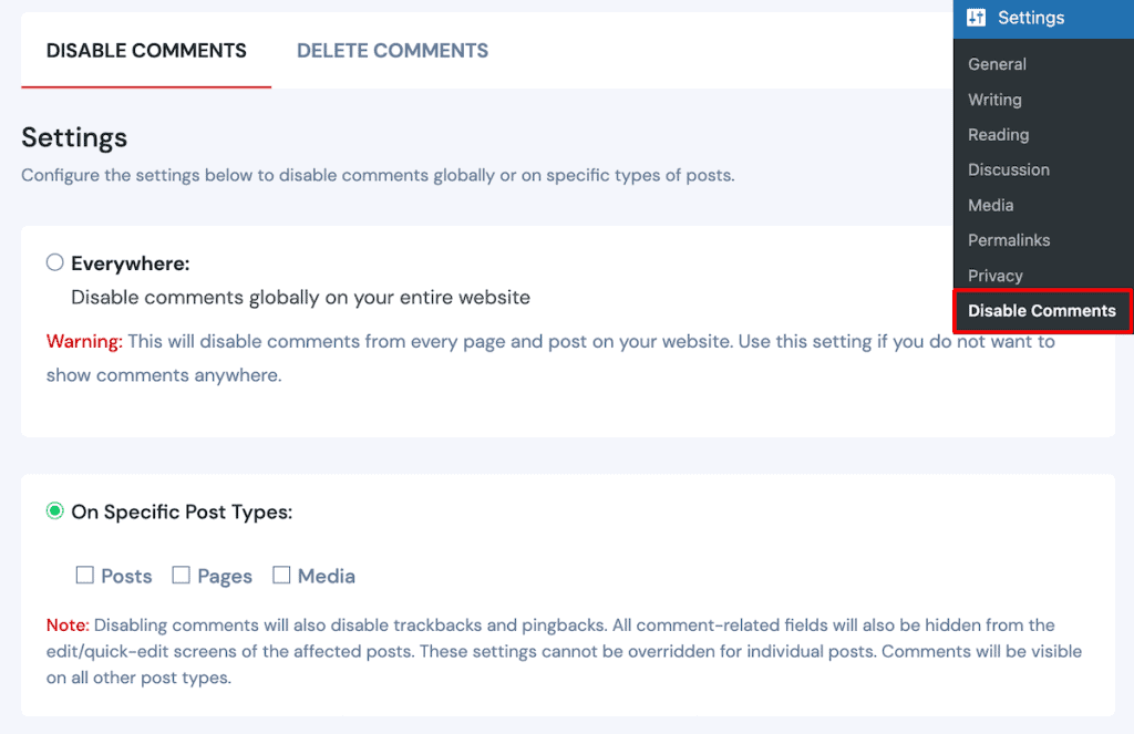 Disable Comments In WordPress Plugin Settings