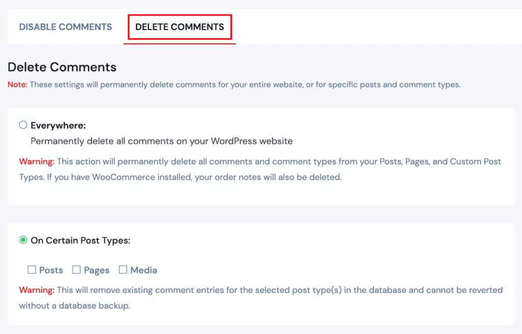 Disable Comments In WordPress Plugin Settings Delete Comments