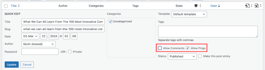 Disable Comments In WordPress Quick Edit