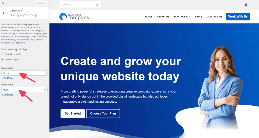Neve Homepage Settings