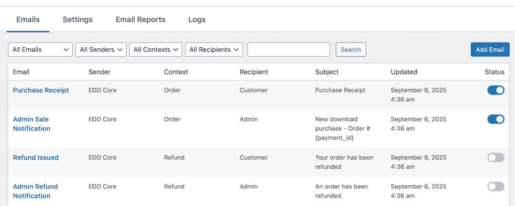 Easy Digital Downloads Edit Emails