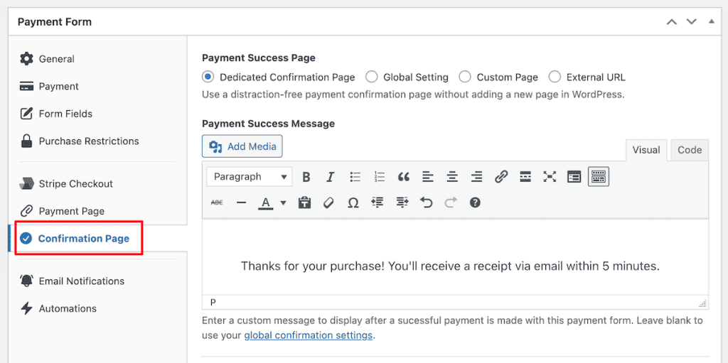 Integrate Stripe With WordPress Payment Form Confirmation Message