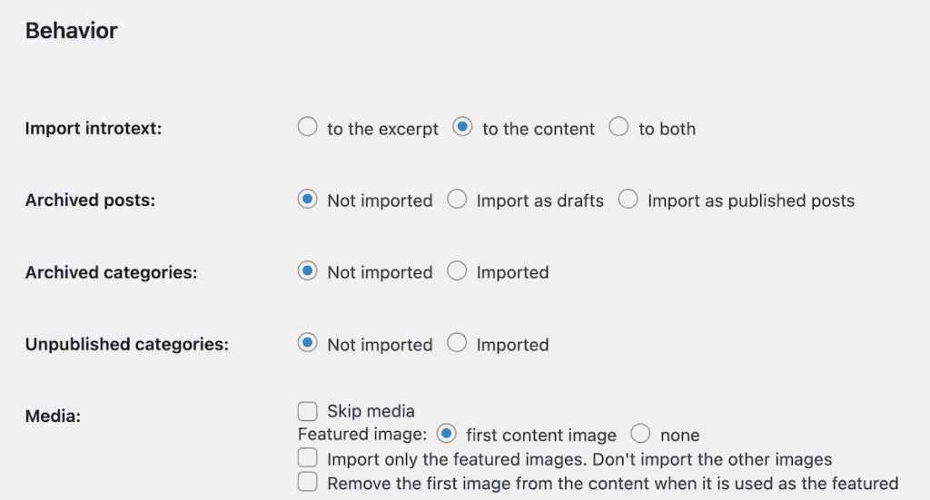 Migrate Joomla To WordPress Set Import Behavior