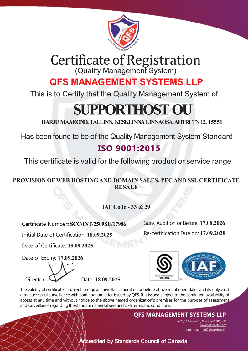 Supporthost 9001 Certificate