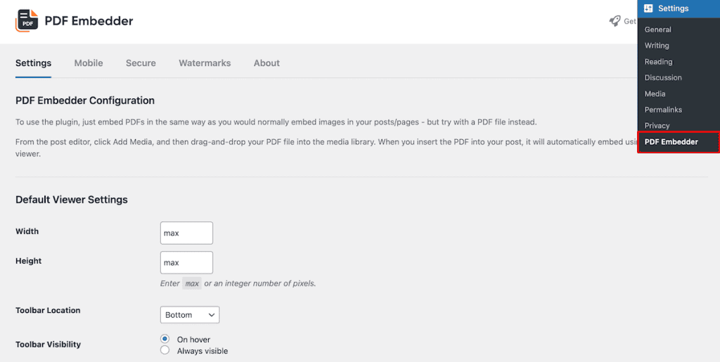 Insert Pdfs Into WordPress Pdf Embedder Settings